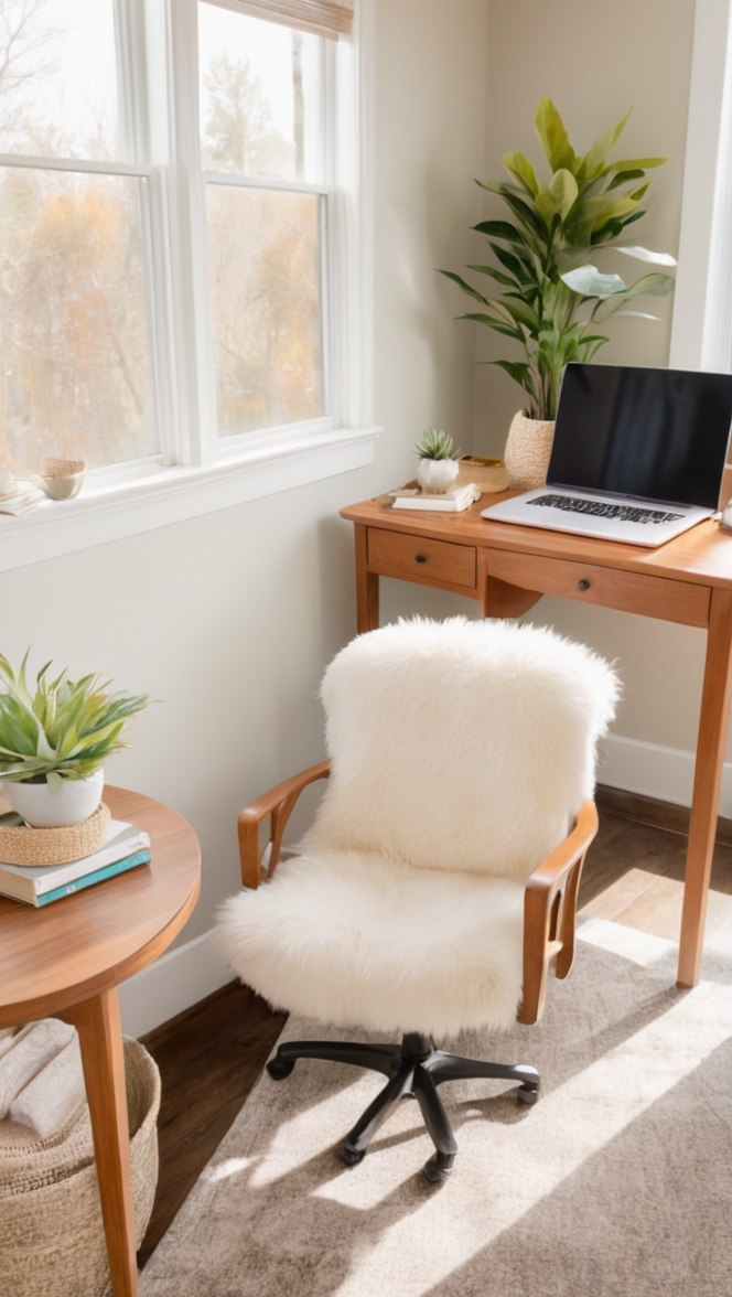 cosy office decor, earthy office design, rustic office interior, warm office space, inviting workspace
