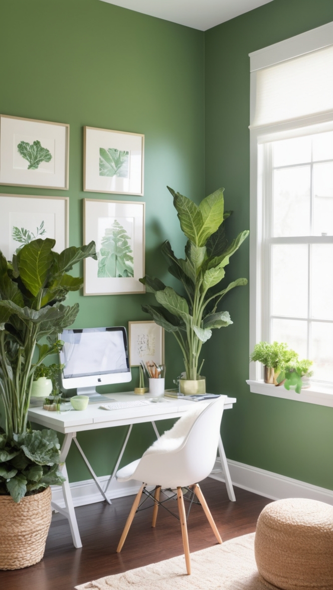 kale green decor, home office decor ideas, interior design inspiration, modern workspace design, trendy home office décor