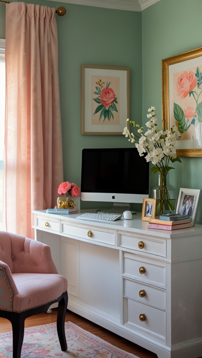 feminine home office decor, office design inspiration, trendy home office furniture, modern office interior design, chic office accessories
