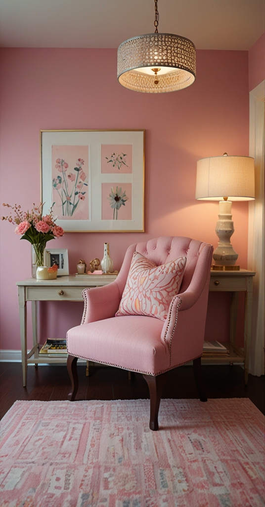 Pink home office design, Feminine workspace decor, Girly desk setup, Chic office organization, Stylish work from home space