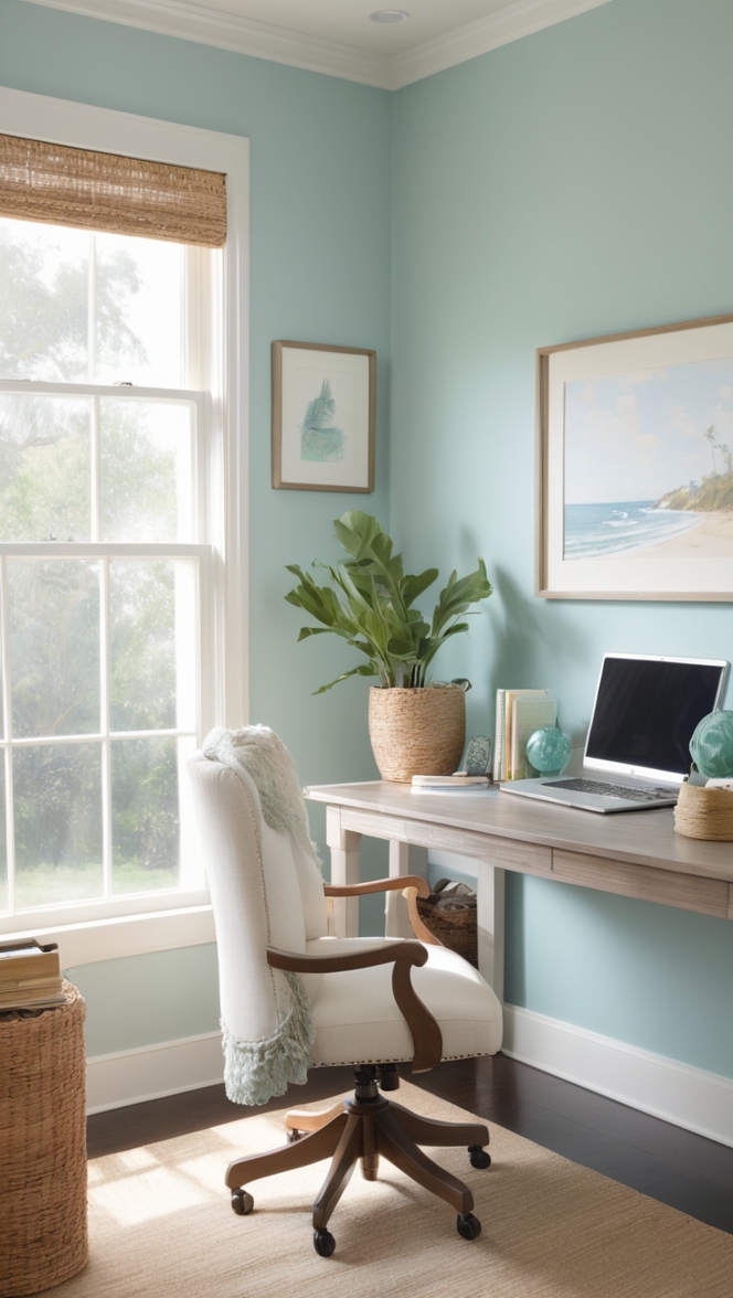 coastal paint colors, seafoam green, serene office decor, tranquil workspace design, beach-inspired office aesthetic