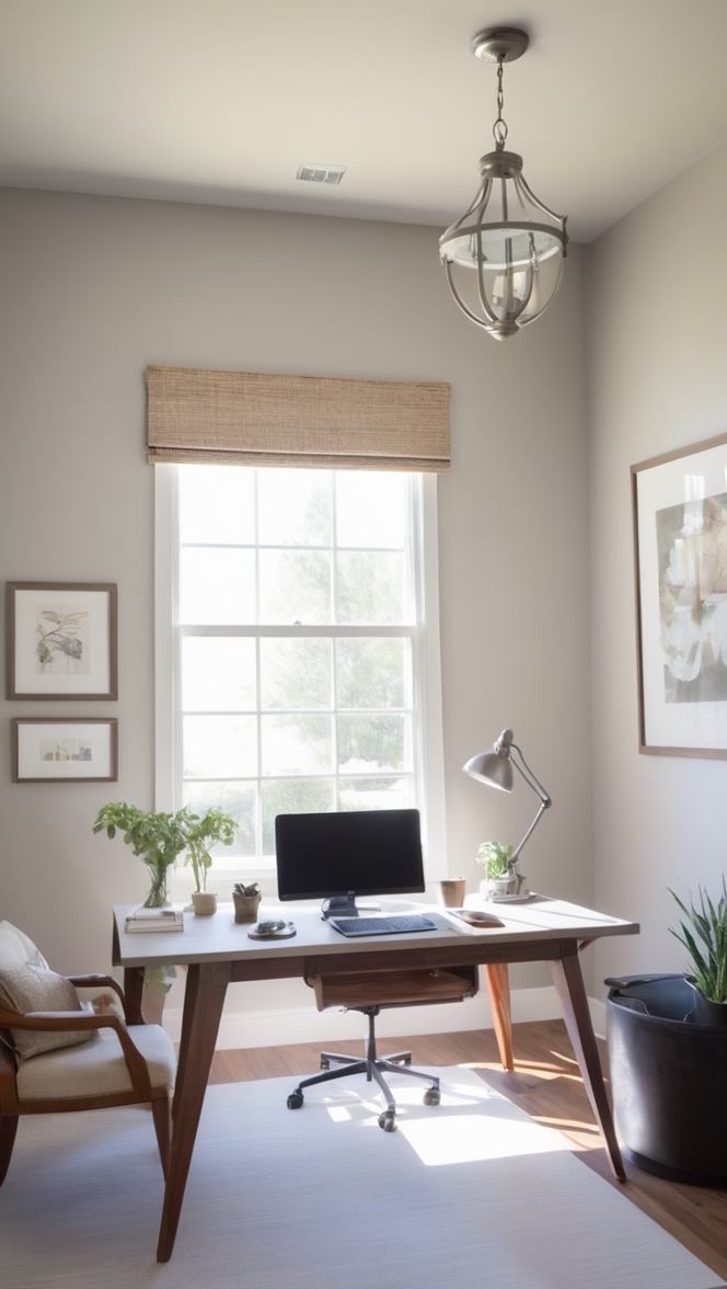 Revere Pewter Walls, Warm Neutral Paint, Office Decor Ideas, Stylish Office Design, Cozy Office Space