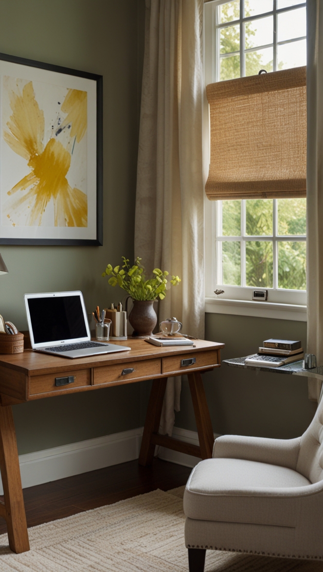 home office decor, calming workspace, serene office design, tranquil work environment, peaceful workspace