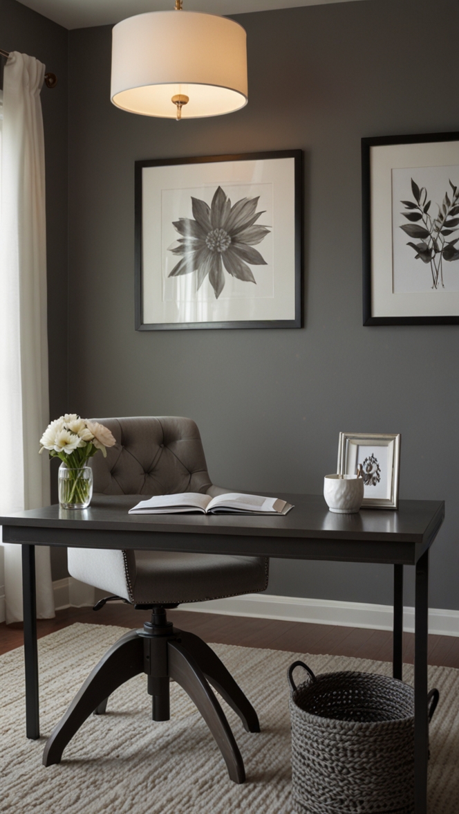 elegant home office decor, modern home office design, gray wall accents, home office makeover, stylish office accessories