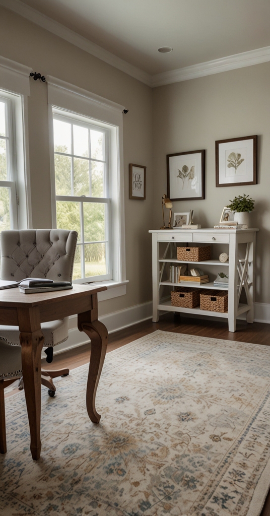 farmhouse style office, rustic home office, vintage farmhouse decor, charming farmhouse workspace, country chic office