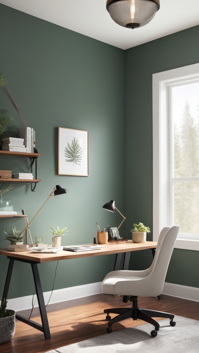 Evergreen fog paint, modern home office decor, moody home office ideas, interior design office space, home office renovation