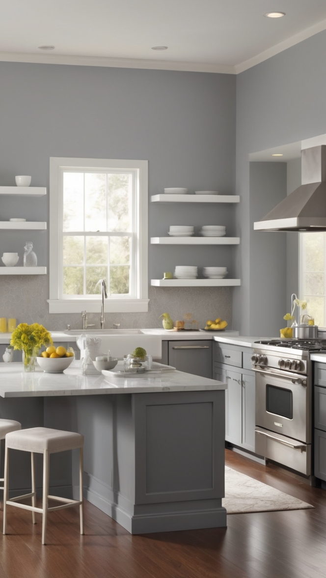 Gray Kitchen Walls, Sophisticated Kitchen Design, Gray Kitchen Decor Ideas, Elegant Kitchen Wall Paint, Stylish Kitchen Color Palette