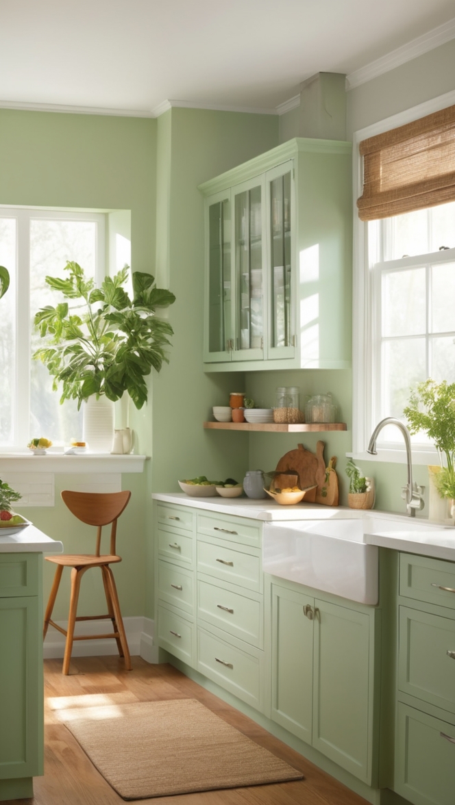 Green kitchen inspiration, Calm kitchen design, Modern kitchen decor, Interior design ideas, Kitchen renovation tips