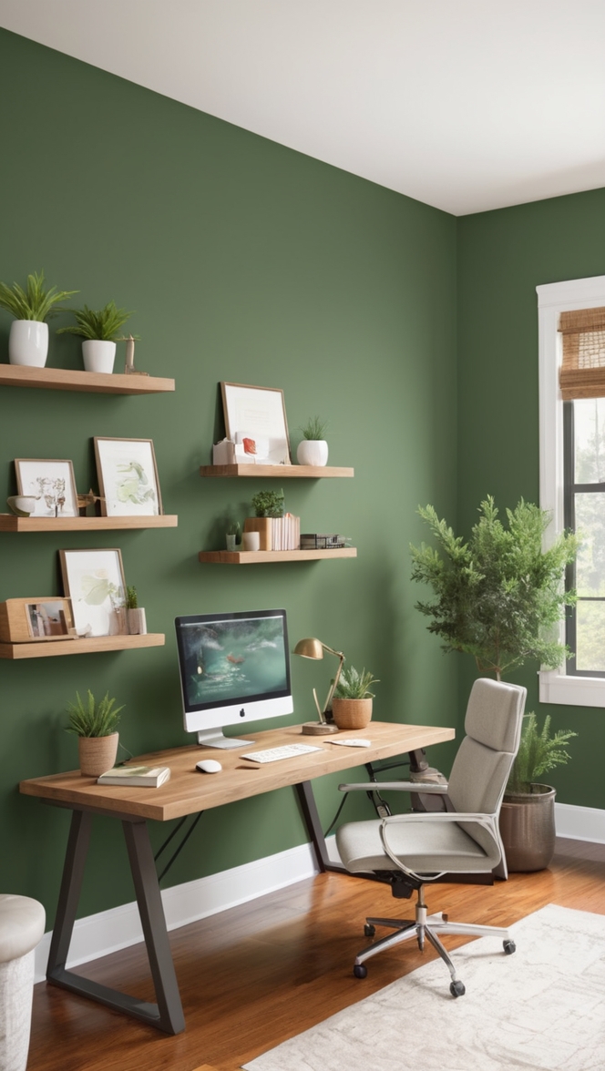 Rosemary Green Accent Wall, Rich Office Decor, Refreshing Workspace Design, Greenery Office Inspiration, Office Wall Color Palette