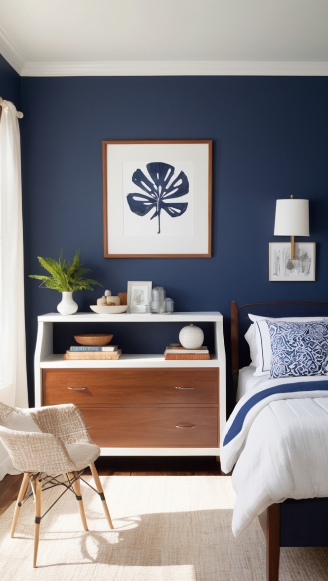 navy blue bedroom, navy bedroom ideas, navy bedroom decor, navy bedroom walls, navy bedroom curtains