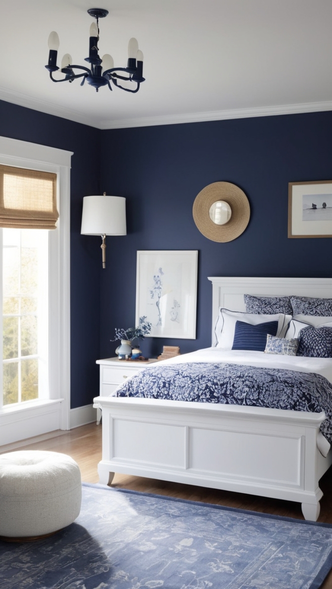 navy blue bedroom, navy bedroom ideas, navy bedroom decor, navy bedroom walls, navy bedroom curtains