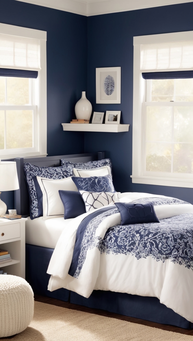 Navy blue bedding, Coastal bedroom decor, White comforter set, Nautical themed bedroom, Blue and white duvet cover