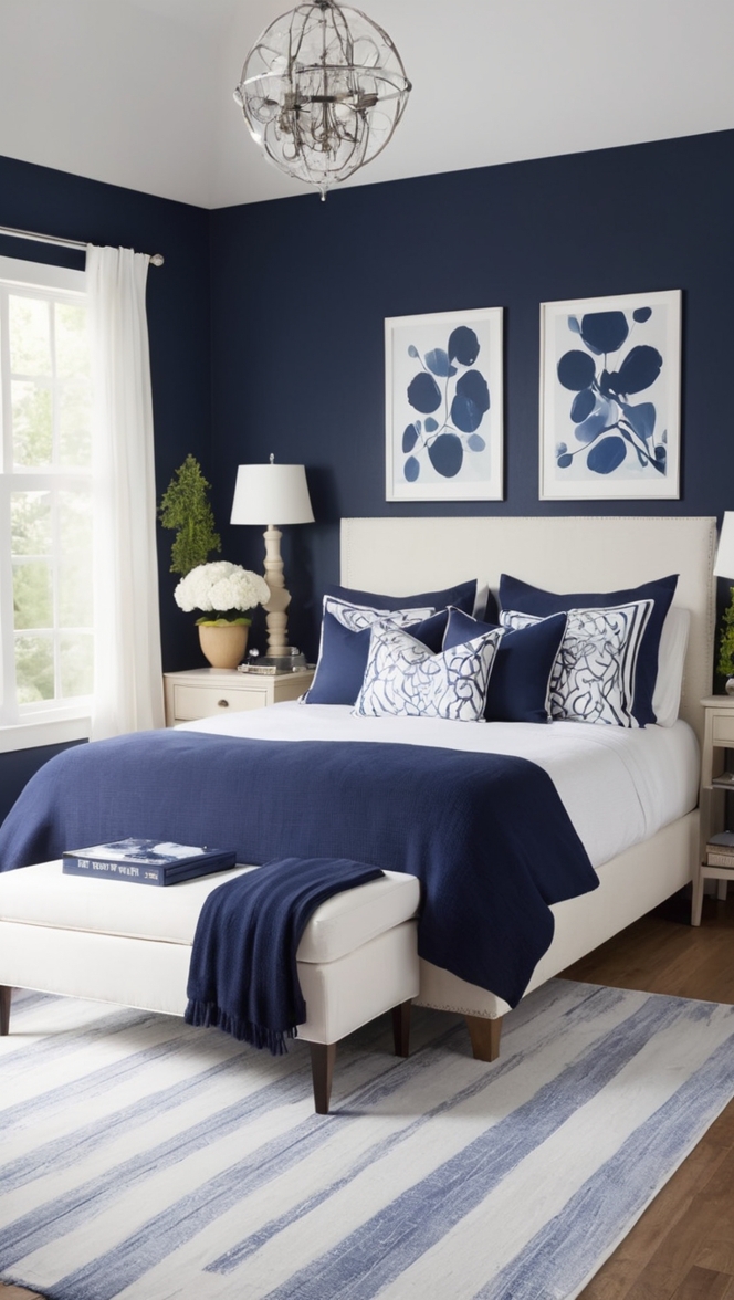 Navy blue bedding, Coastal bedroom decor, White comforter set, Nautical themed bedroom, Blue and white duvet cover