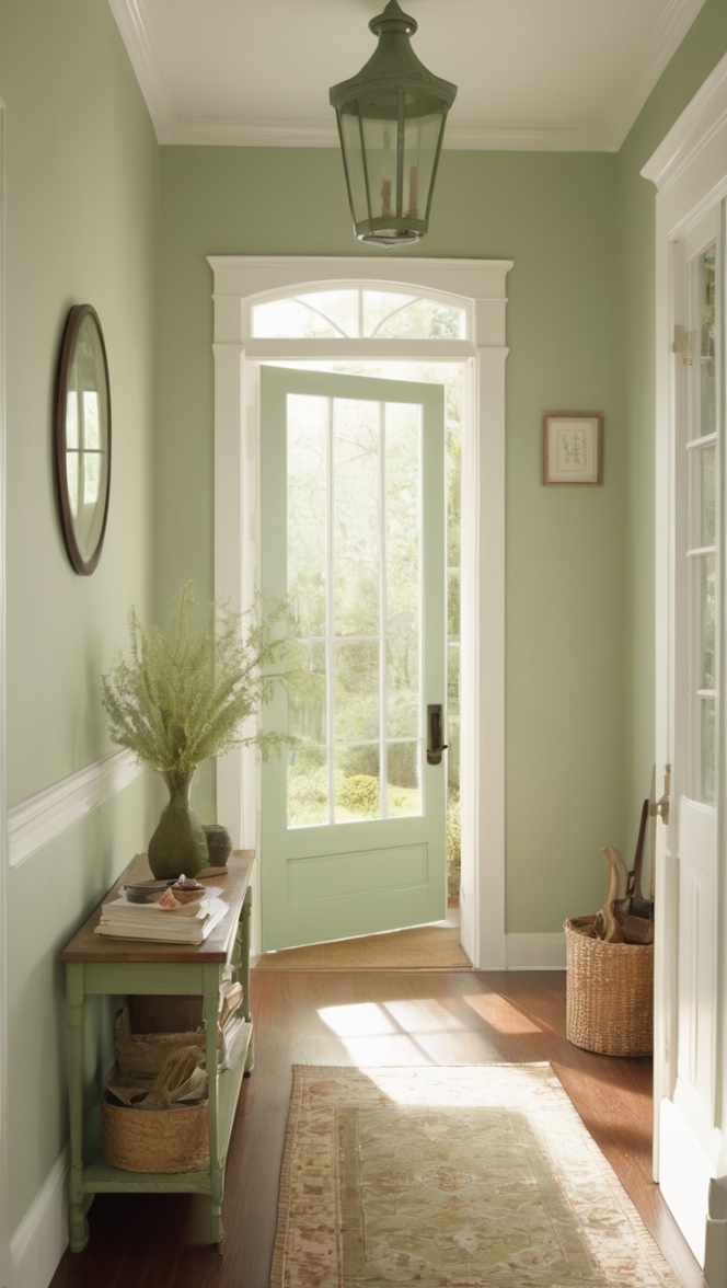 Sage Green Front Door, Entryway Decor, Exterior Paint Ideas, Home Exterior Renovation, Front Porch Makeover