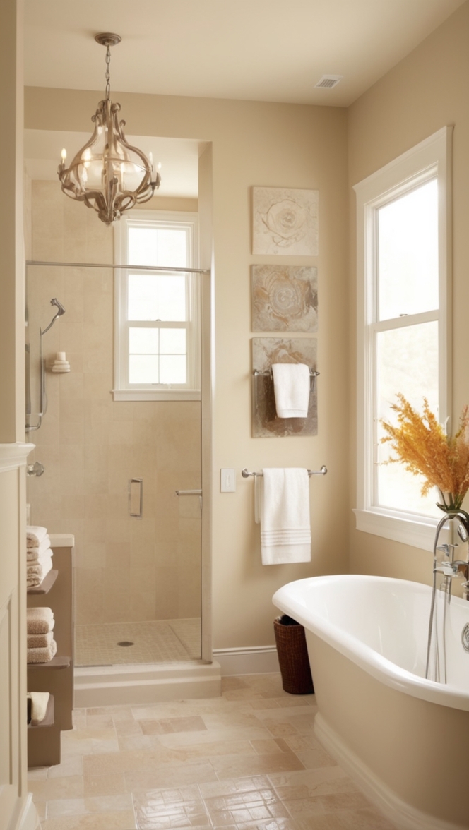 beige marble tiles, neutral tone bathroom tiles, creamy tiled bathroom, sandstone effect tiles, taupe ceramic tiles