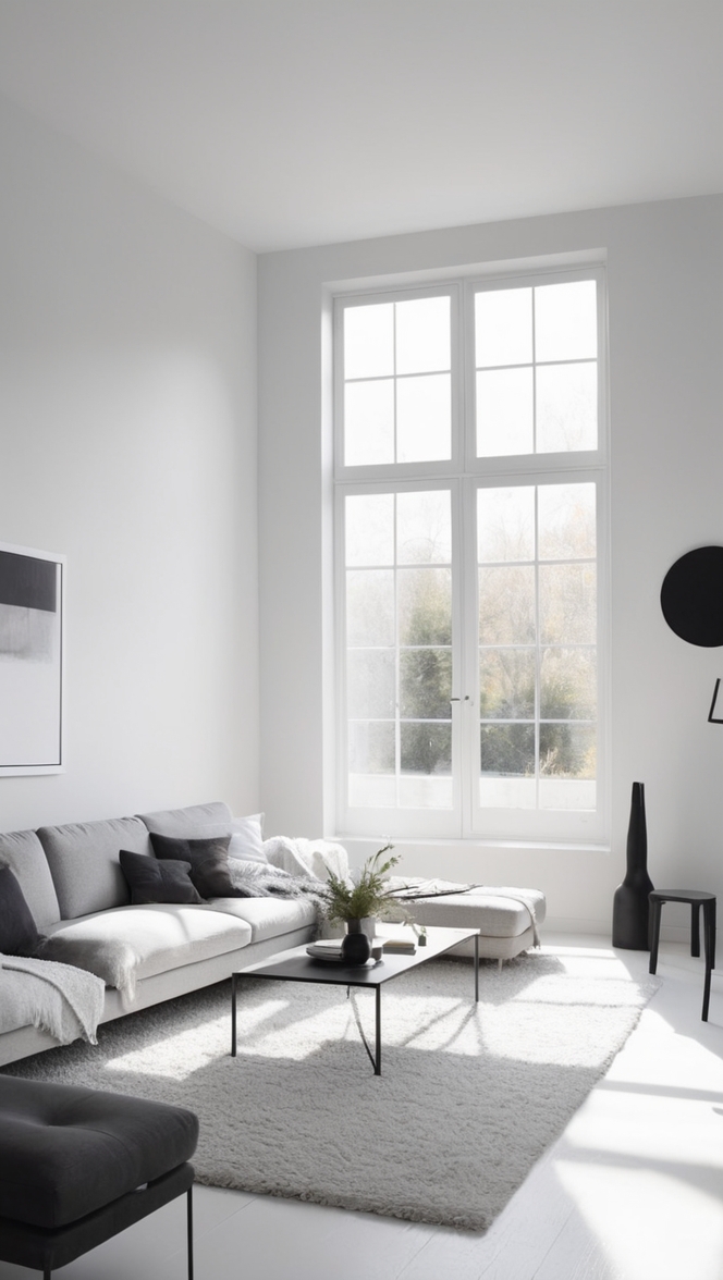 black and white minimalist decor, modern black and white living room, elegant black and white interior design, sophisticated minimalist living room, chic monochrome home decor