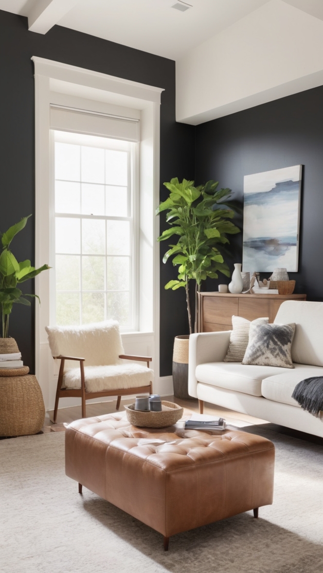 modern black living room, interior design, minimalist home decor, contemporary furniture, sleek design