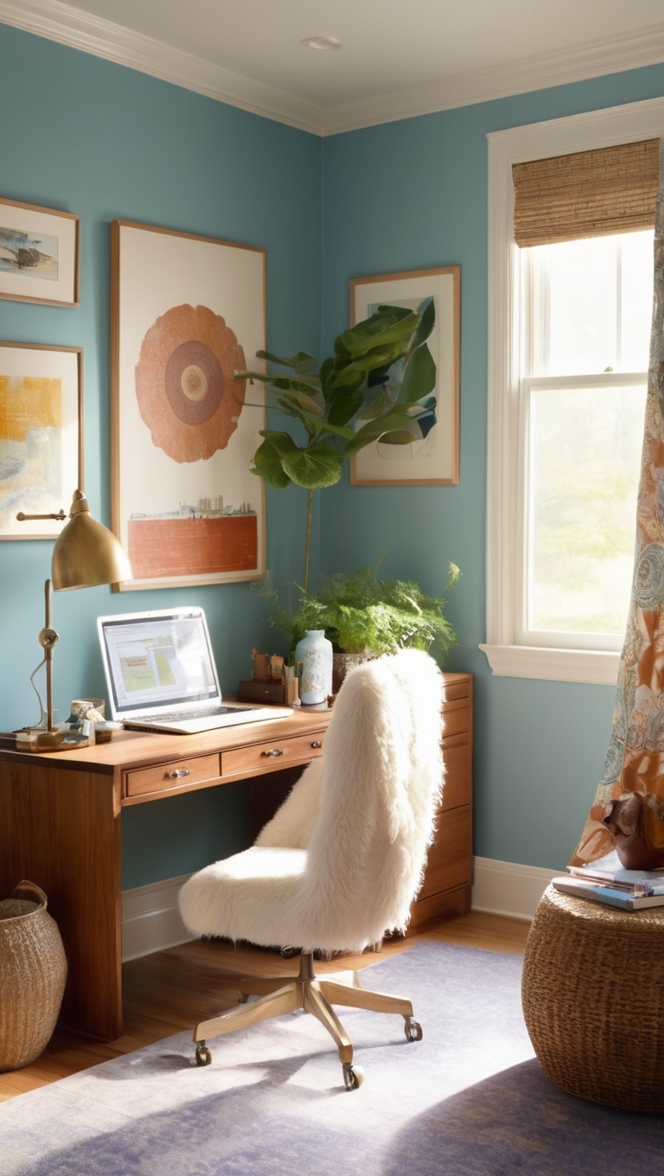 cozy home office, eclectic office decor, home workspace ideas, eclectic interior design, cozy work environment