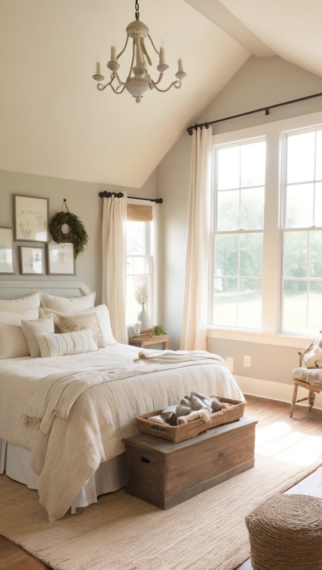 farmhouse decor, rustic bedroom, cozy home, vintage bedding, country style