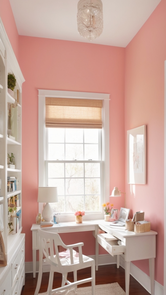 cozy home office decor, 
pink office accessories, 
chic home workspace, 
stylish office organization, 
feminine office design