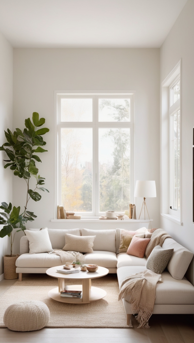 cozy living room decor, modern minimalist furniture, Scandinavian design, minimalist home accessories, simple living room layout