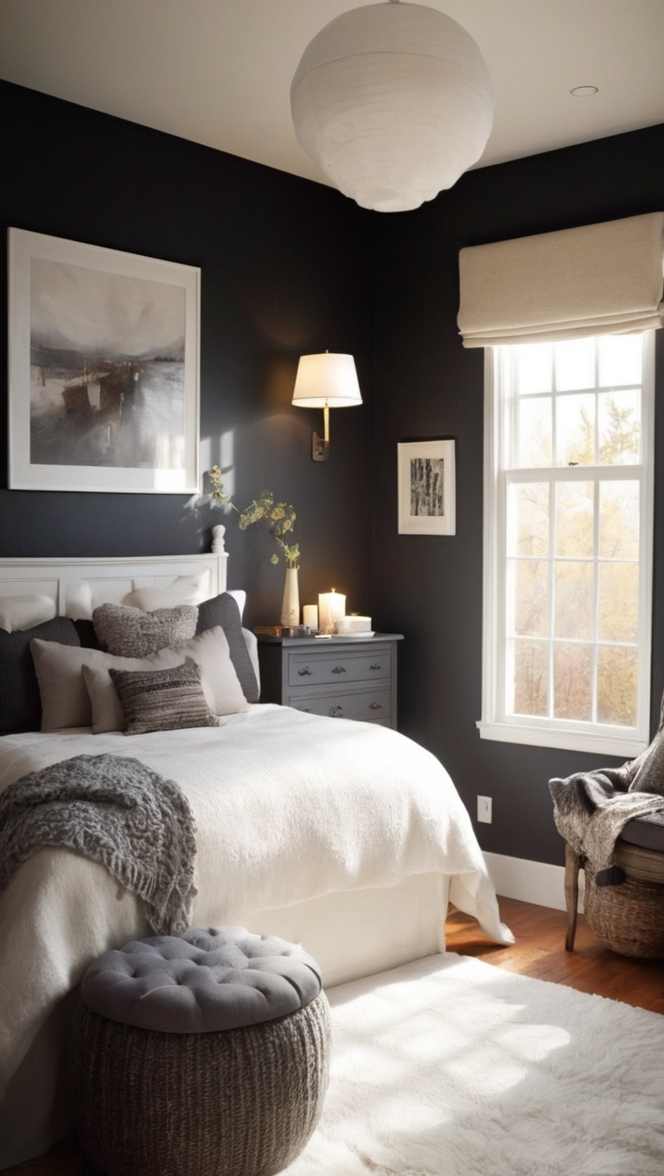 dark cozy bedroom, cozy bedroom decor, dark bedroom design, moody bedroom ideas, dramatic bedroom inspiration