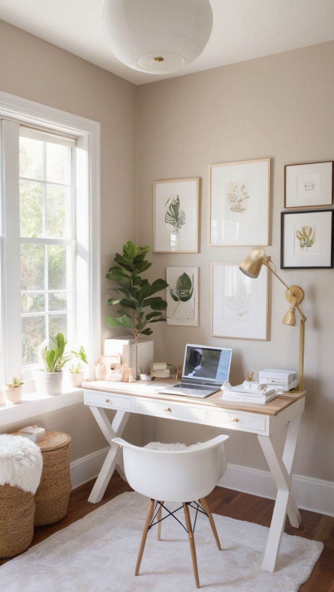 home office decor, stylish office furniture, modern home office, cozy workspace design, chic desk accessories