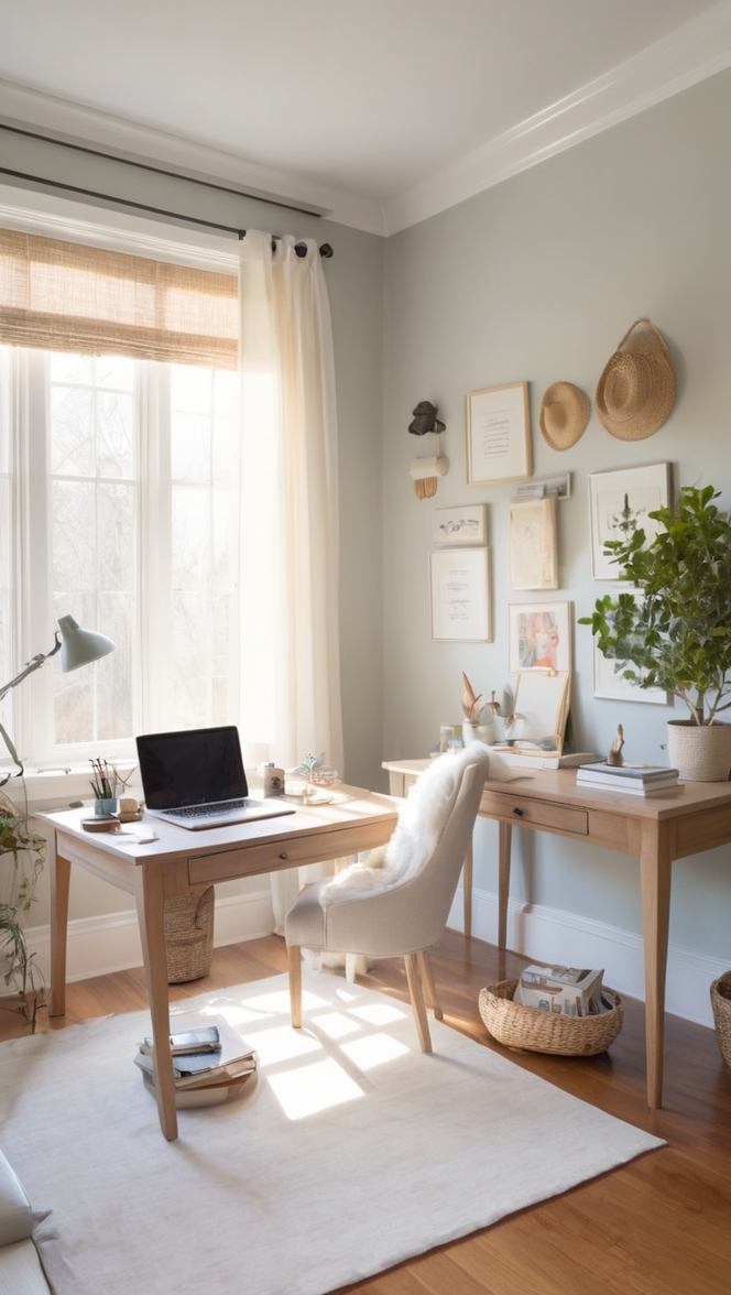 lighting fixtures, home office decor, desk organization, natural sunlight, cozy workspace