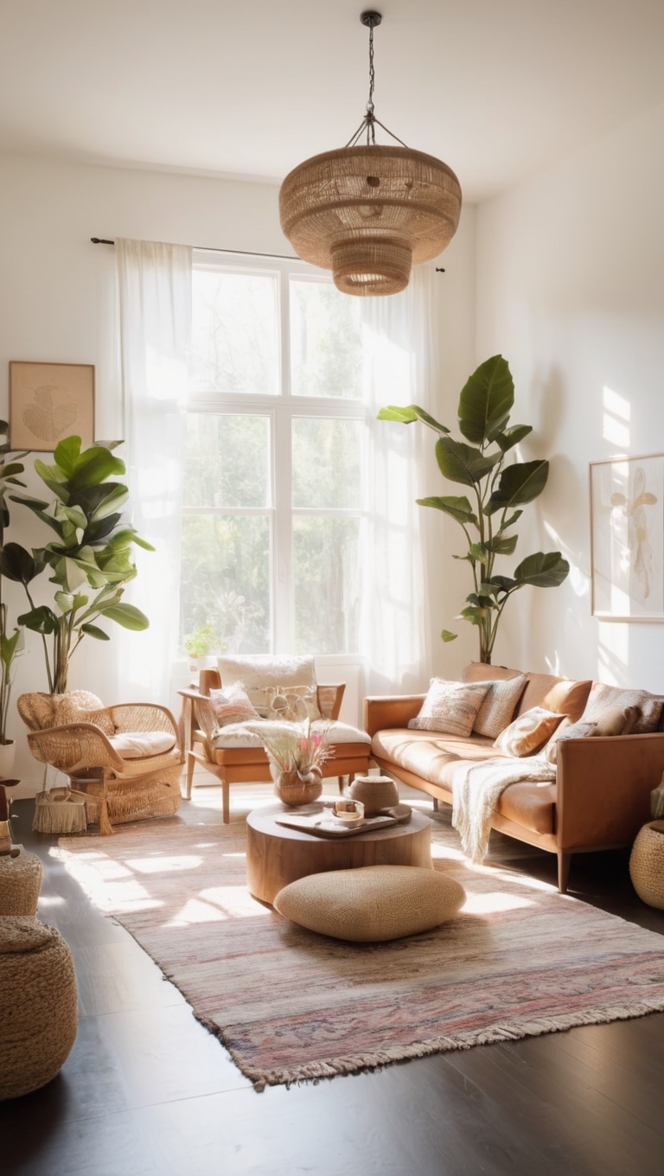 minimalist home decor, bohemian interior design, modern boho chic, Scandinavian boho living room, eclectic minimalist style