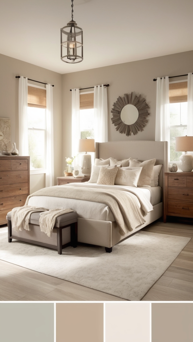 modern bedroom decor, cozy bedroom design, neutral bedroom ideas, stylish bedroom furniture, contemporary bedroom colors