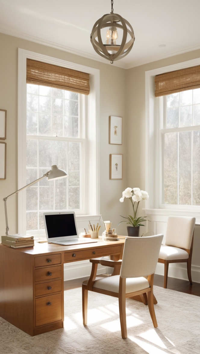 neutral home office decor, cozy home office ideas, stylish home office design, modern home office furniture, minimalist home office setup