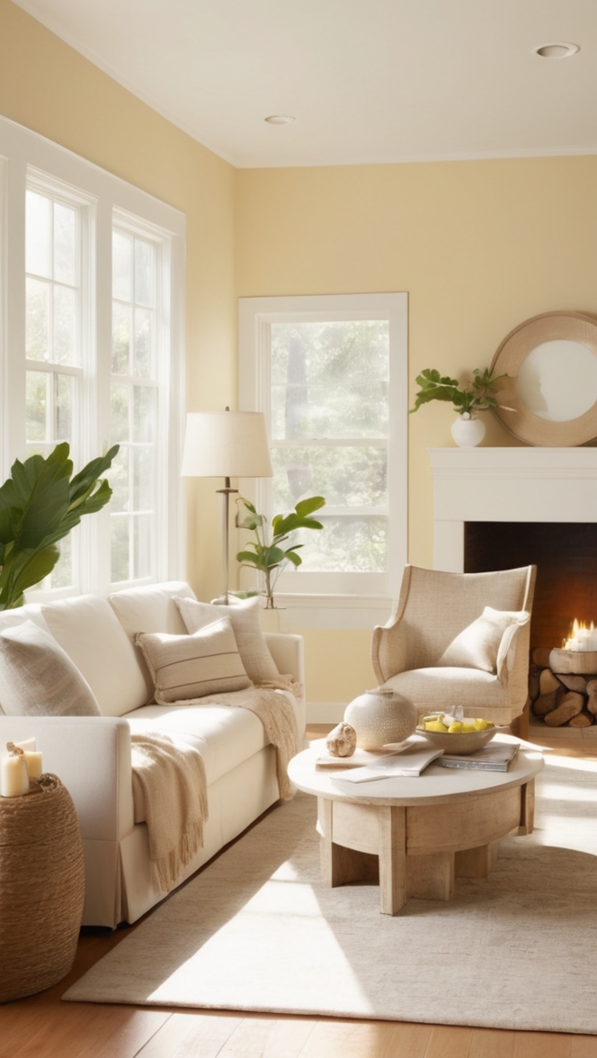 warm neutral decor, minimalistic interior design, cozy modern living room, serene home atmosphere, contemporary clean aesthetic