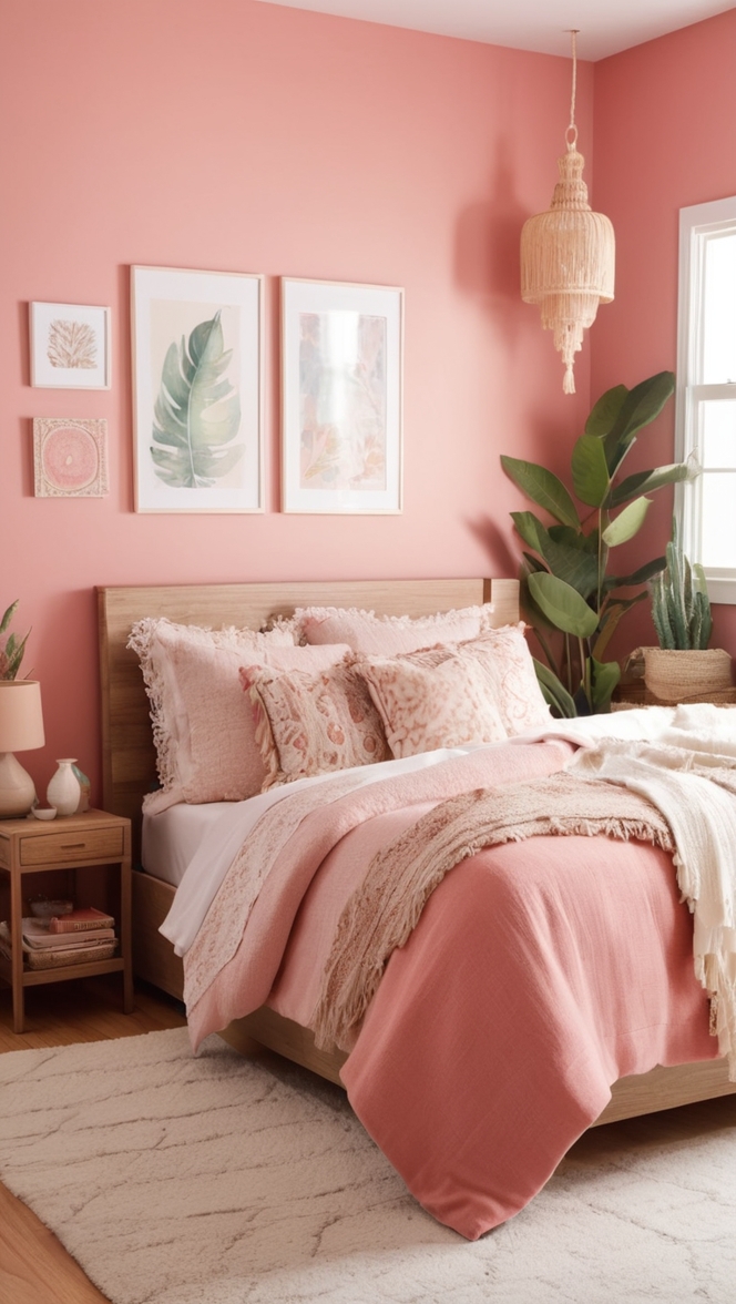 pink boho decor, bohemian bedroom ideas, modern boho bedding, chic pink bedroom, stylish boho room
