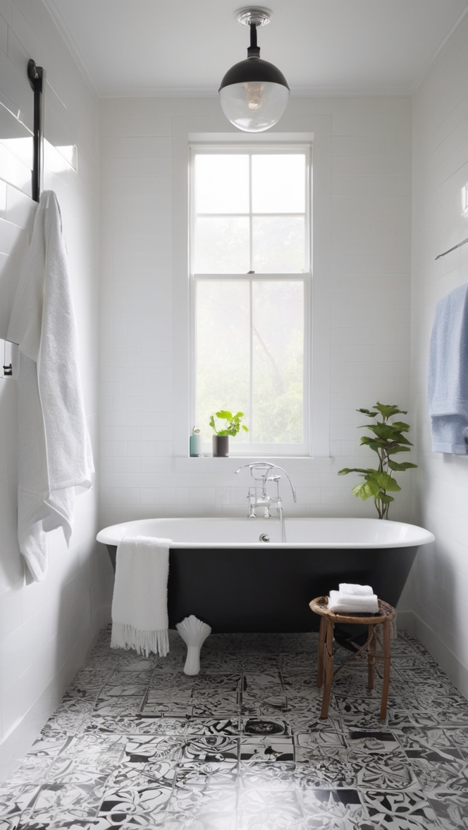 black and white floor tiles, black and white wall tiles, monochrome bathroom tiles, classic bathroom tiles, retro tiles