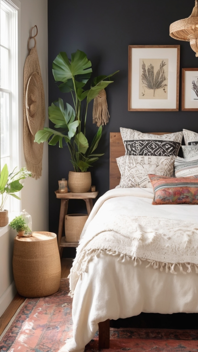 boho bedroom decor, boho bedding, black boho furniture, bohemian bedroom, black boho style