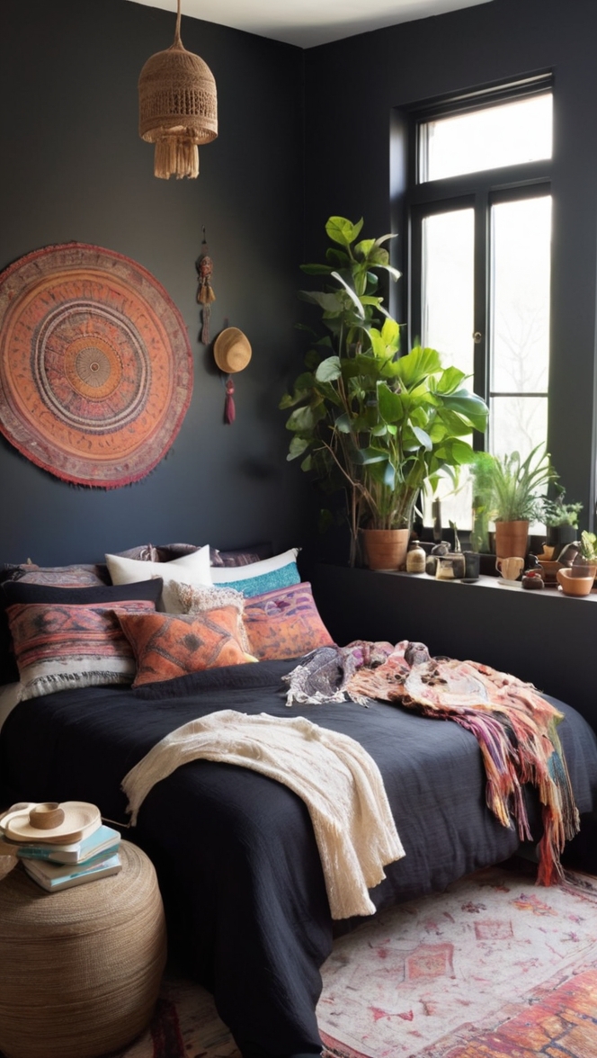 boho bedroom decor, boho bedding, black boho furniture, bohemian bedroom, black boho style