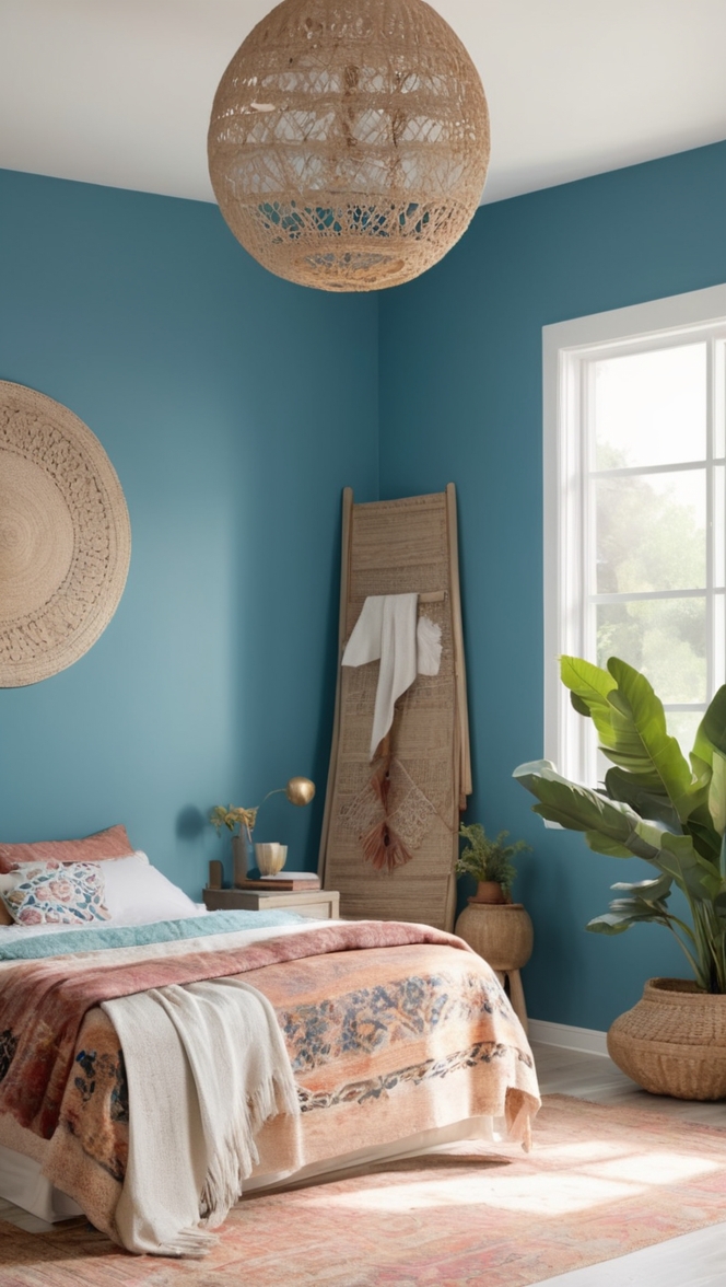 boho decor, blue bedroom, bohemian style, boho interior design, eclectic bedroom