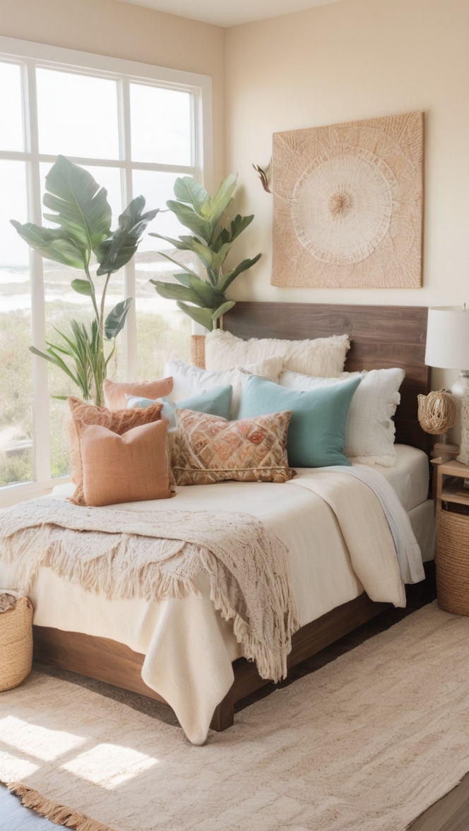 boho bedroom decor, coastal interior design, bohemian style furniture, coastal bedding sets, modern boho bedroom