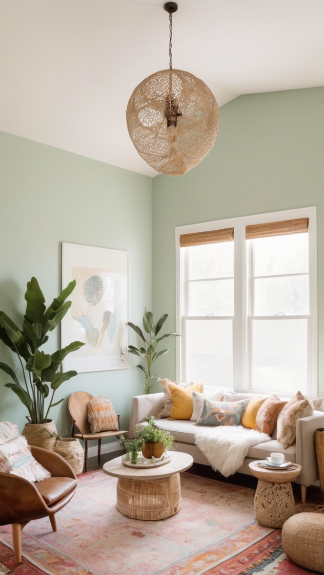 boho chic decor, modern bohemian living room, minimalist boho furniture, boho-patterned rug, contemporary boho design