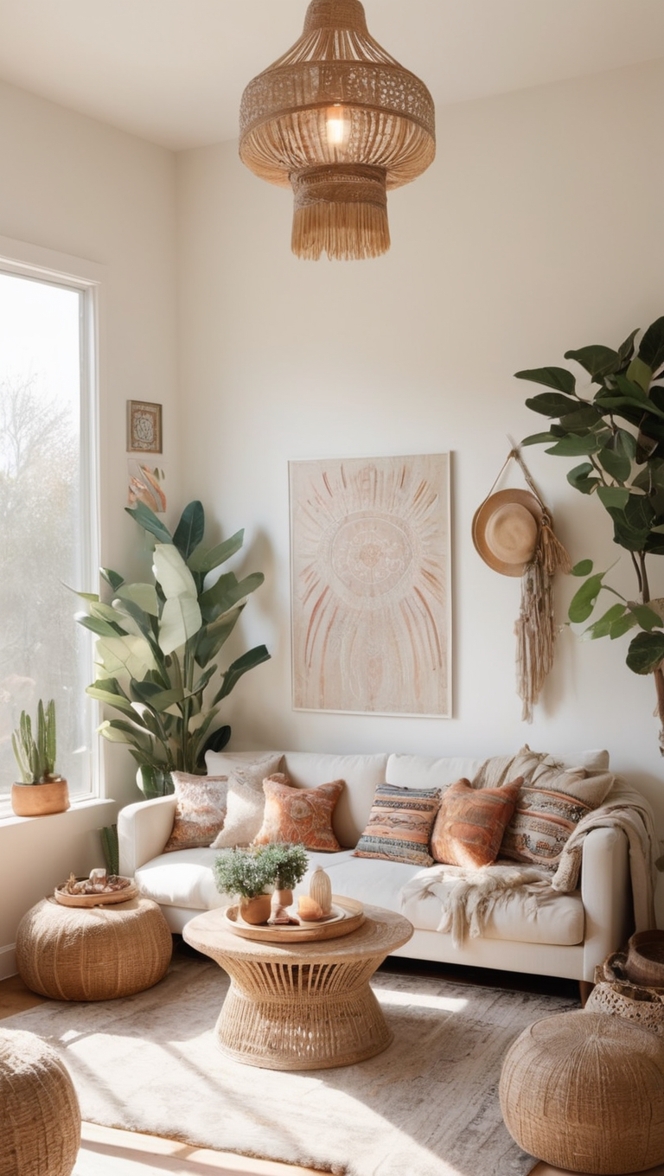 boho chic decor, modern bohemian living room, minimalist boho furniture, boho-patterned rug, contemporary boho design