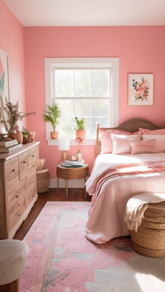 boho chic decor, bohemian style bedding, pink bedroom furniture, boho themed room, eclectic design ideas
