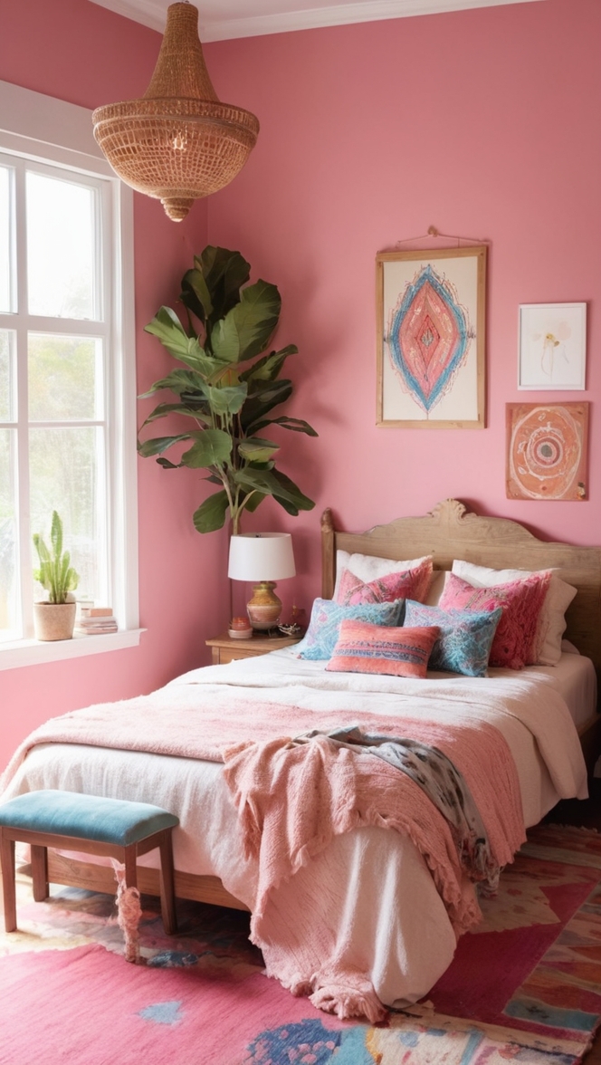 boho chic decor, bohemian style bedding, pink bedroom furniture, boho themed room, eclectic design ideas