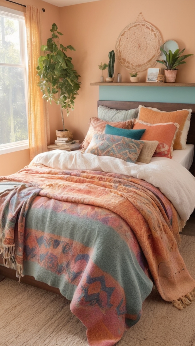 boho style decor, bohemian bedroom ideas, vibrant bedding, colorful tapestries, eclectic furnishings