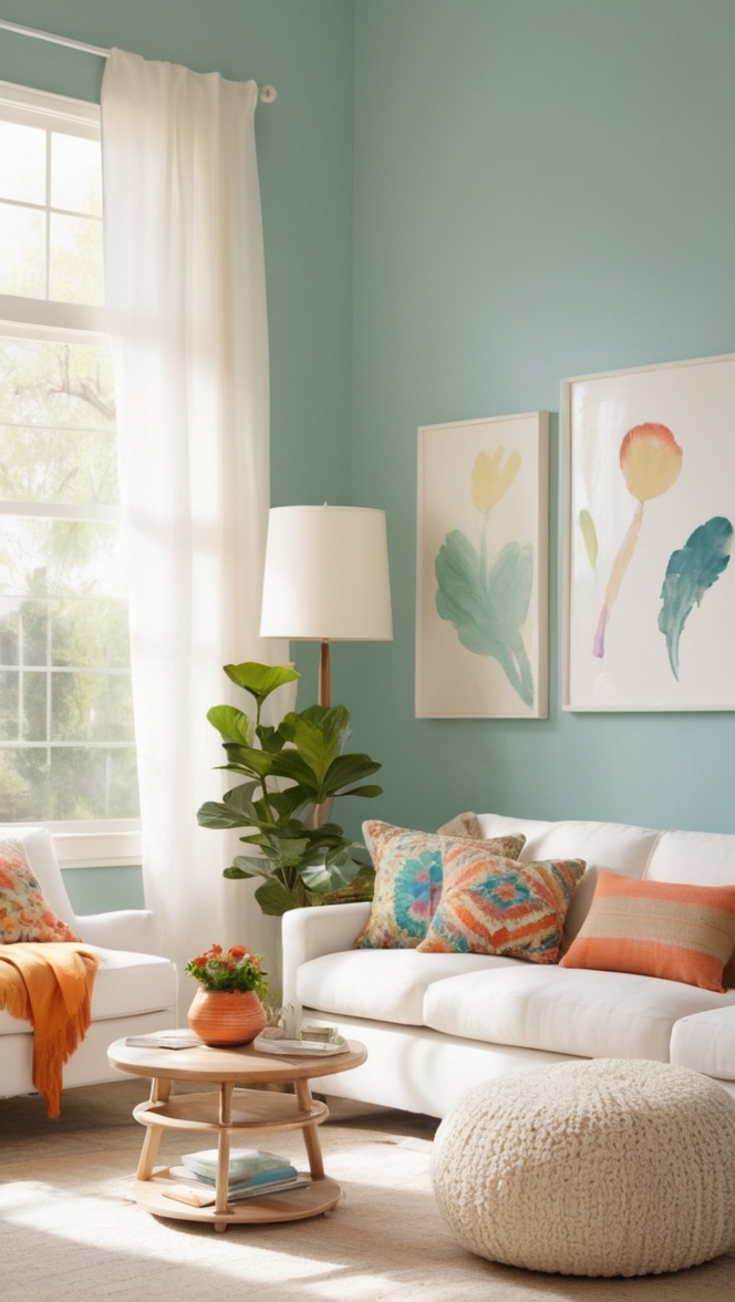 colorful rugs, modern minimalist furniture, vibrant wall art, contemporary home decor, stylish interior design