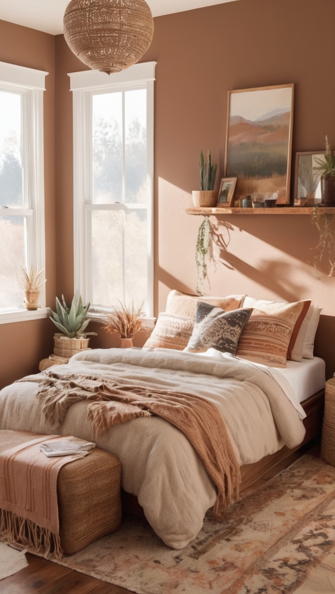 cozy bedroom decor, boho bedroom design, earthy home decor, modern bohemian bedroom, natural bedroom accessories