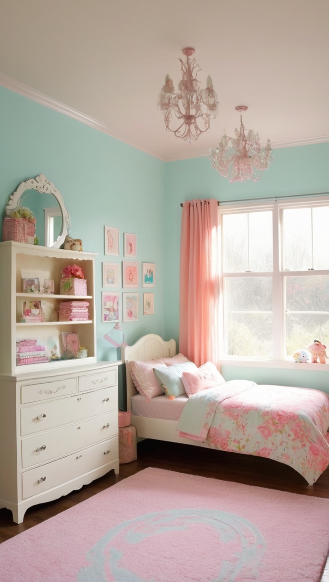 bedroom decor, feminine bedding, shabby chic furniture, romantic lighting, pastel color scheme