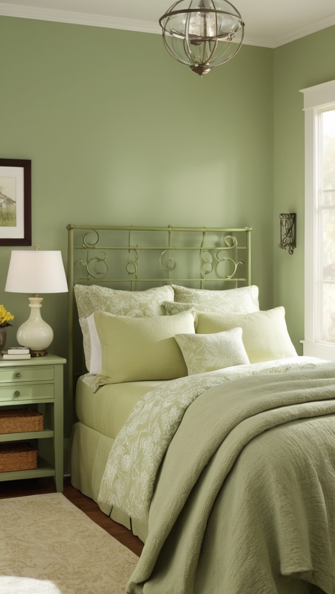 green bedroom decor, cozy bedroom design, organic bedding, natural home decor, eco-friendly furniture