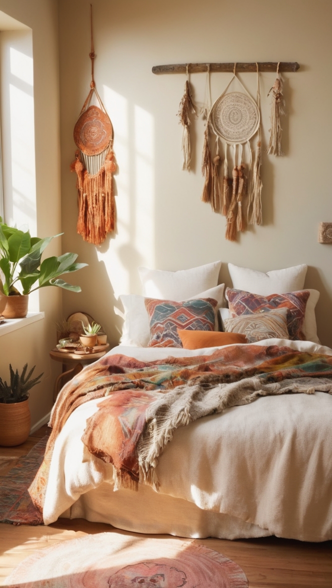 boho chic decor, rustic bedroom furniture, natural bedding, earthy home accessories, cozy bohemian style