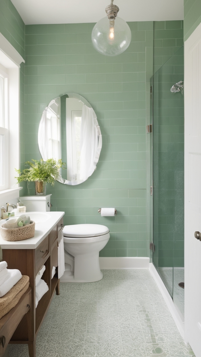 green bathroom tiles, eco-friendly bathroom tile, sustainable bathroom flooring, luxury green tiles, natural stone bathroom tiles