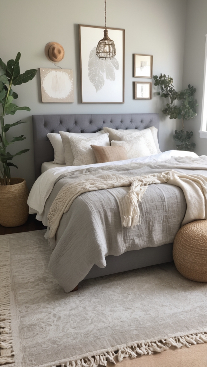 bohemian bedroom decor, boho bedding, grey bedroom furniture, modern boho decor, boho chic bedding